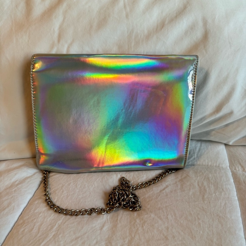 Holographic Clutch | Silver Chain Strap | Shiny Envelope Purse | Party Handbag - Picture 2 of 7